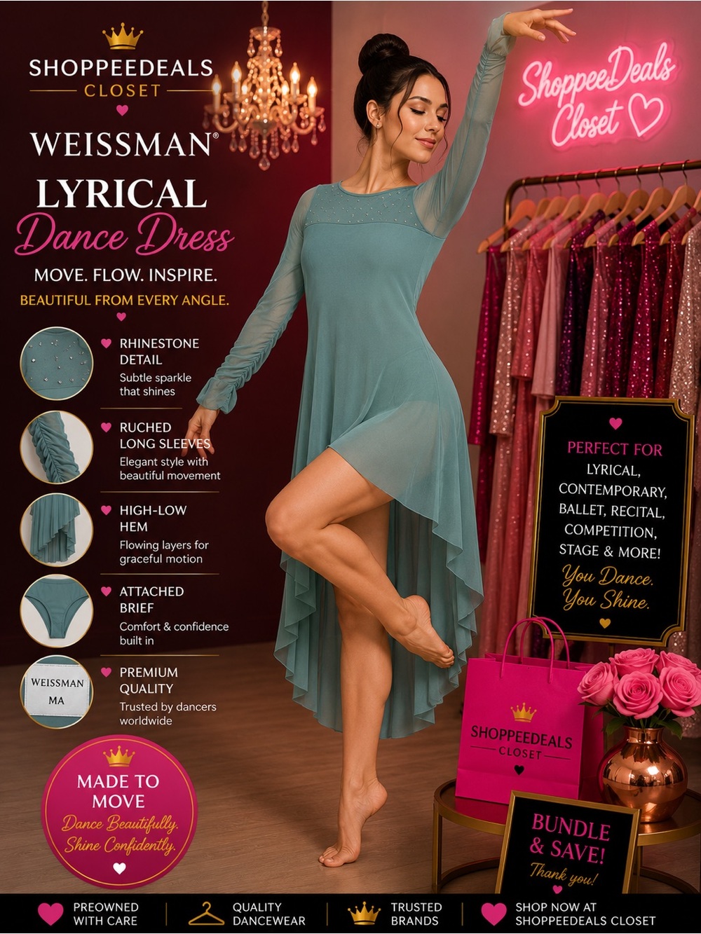 Weissman Teal Rhinestone Mesh Lyrical Dance Dress – Adult Medium